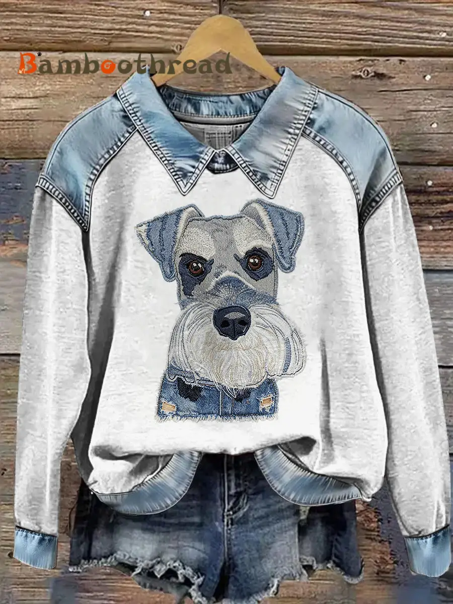 Women's Cowboy Collage Animal Printed Denim Patchwork Lapel Long Sleeved Sweatshirt