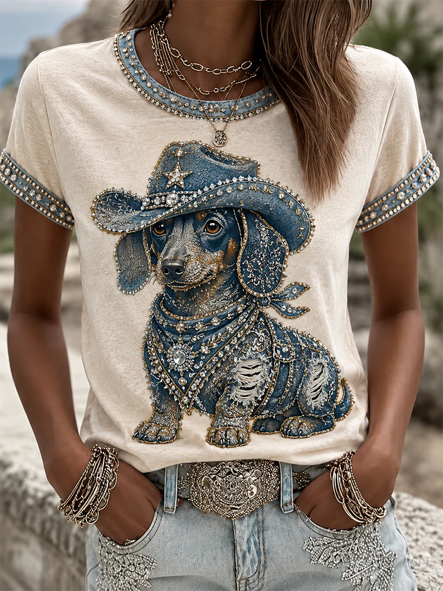 Women's Cowboy Dog  Print Casual Tee