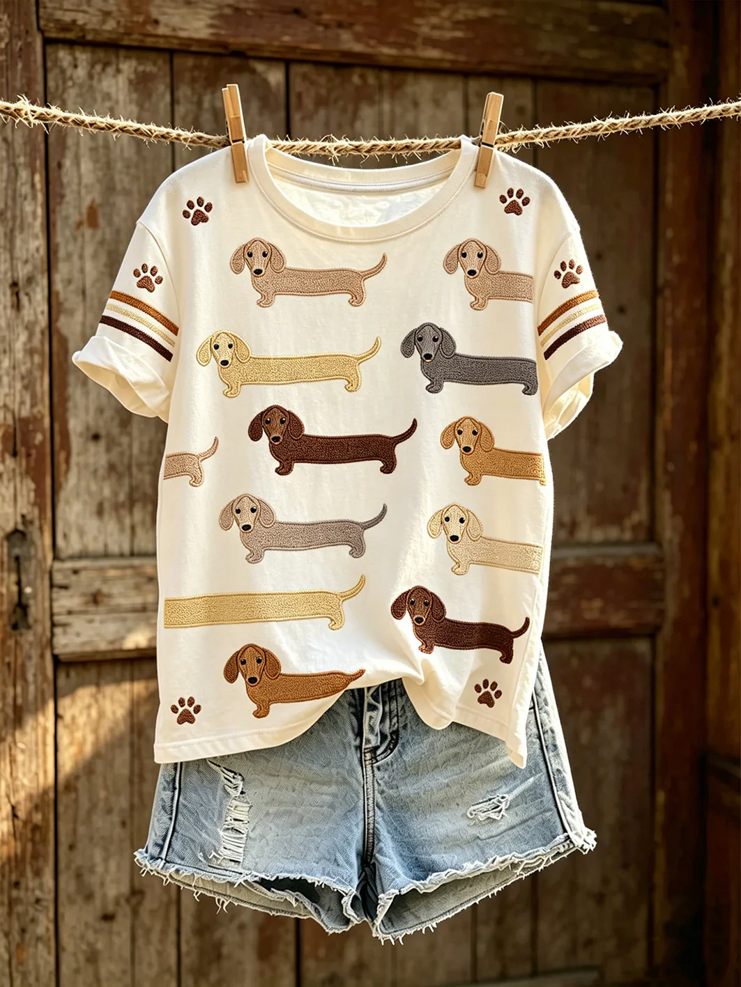 Women's cut dog pattern printed round neck short sleeve T-shirt