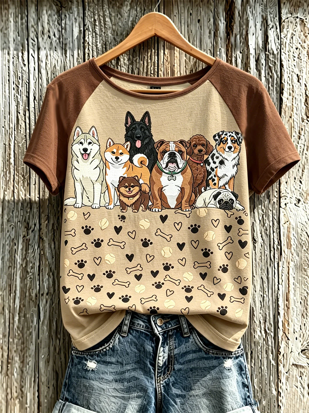 Women's cut dog pattern printed round neck short sleeve T-shirt