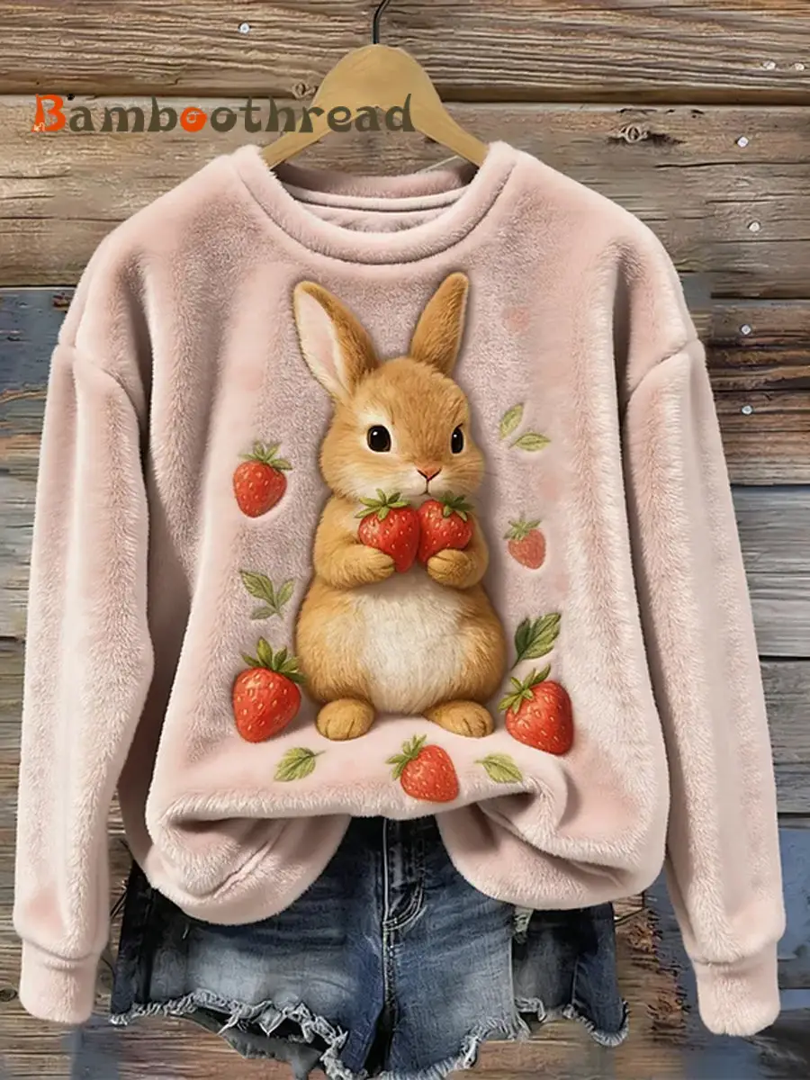 Women's Cute Bunny And Strawberry Art Cozy Round Neck Cozy Flannel Sweatshirt