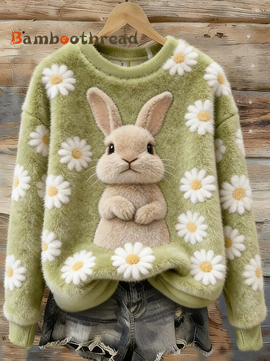 Women's Cute Bunny Art Round Neck Cozy Flannel Sweatshirt