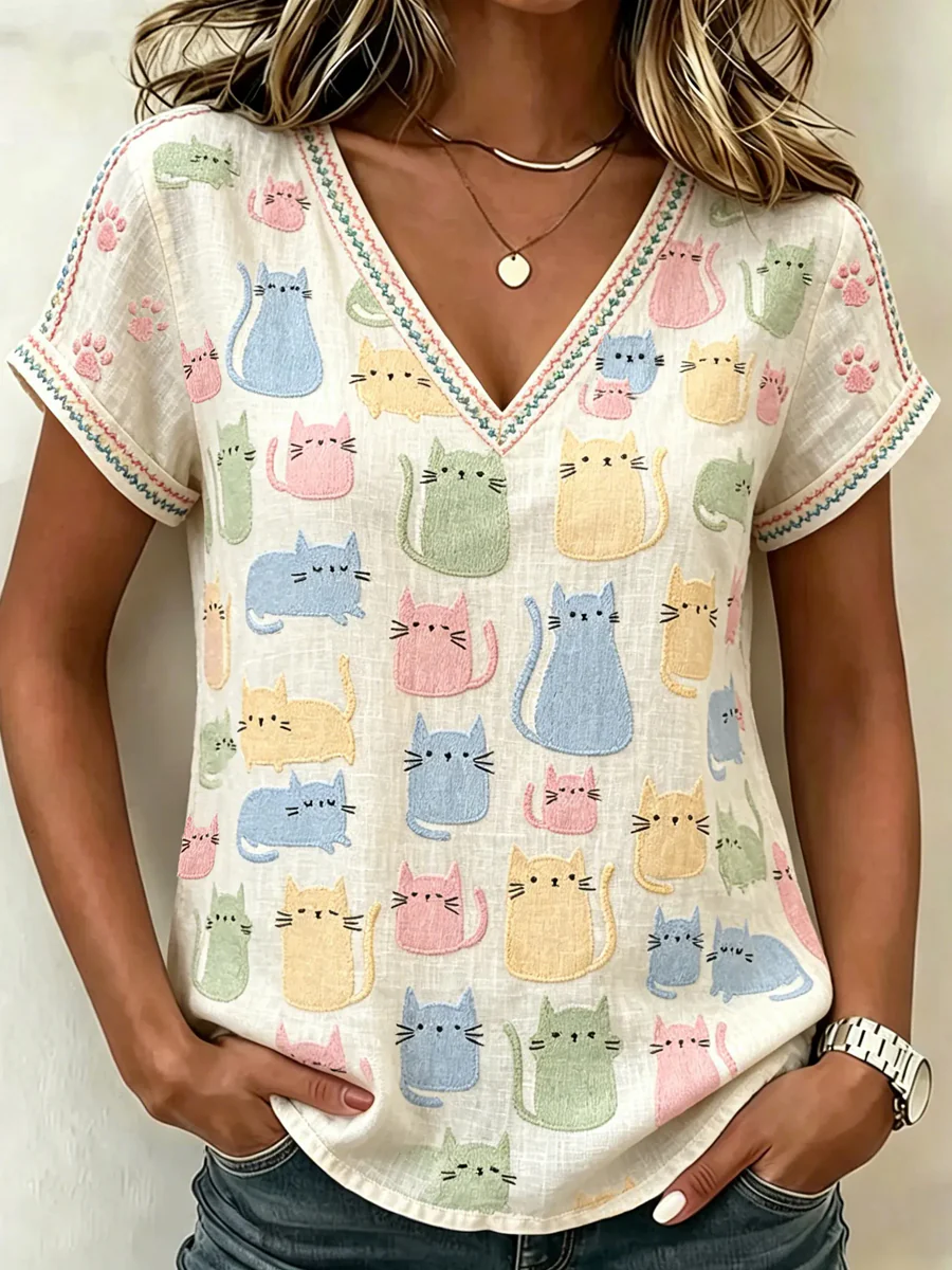 Women's Cute Cat Abstract Art Pattern Linen Short-sleeve Top - Image 2