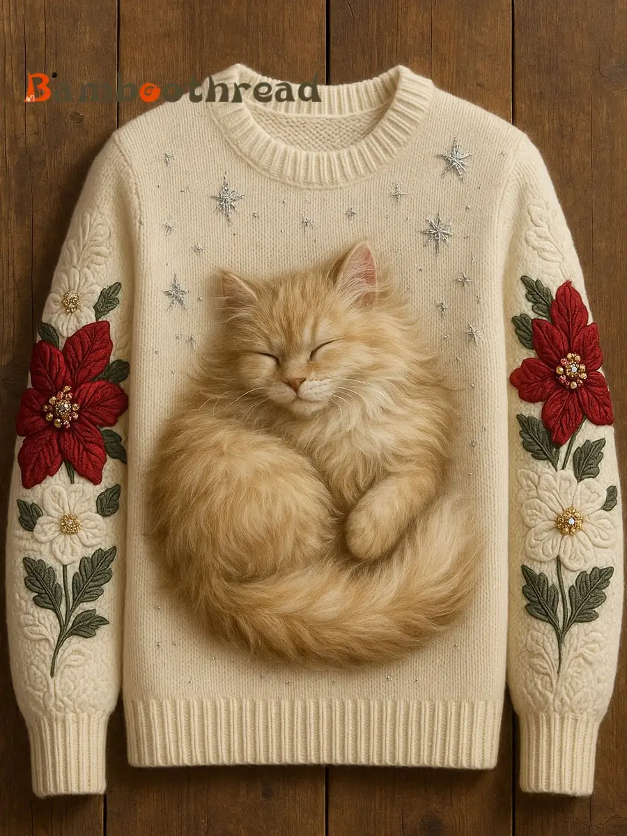 Women's Cute Cat Art Print Casual Crew Neck Sweater