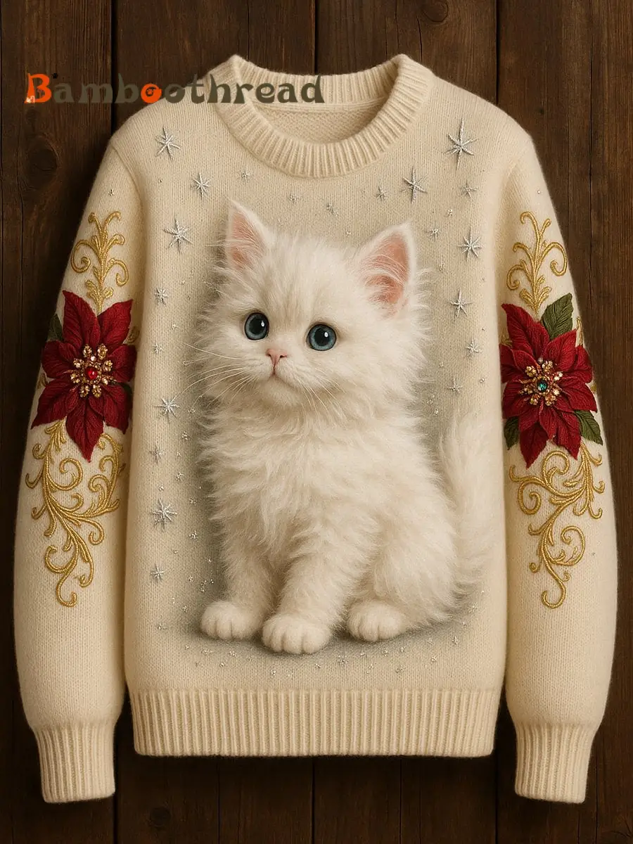 Women's Cute Cat Art Print Casual Crew Neck Sweater