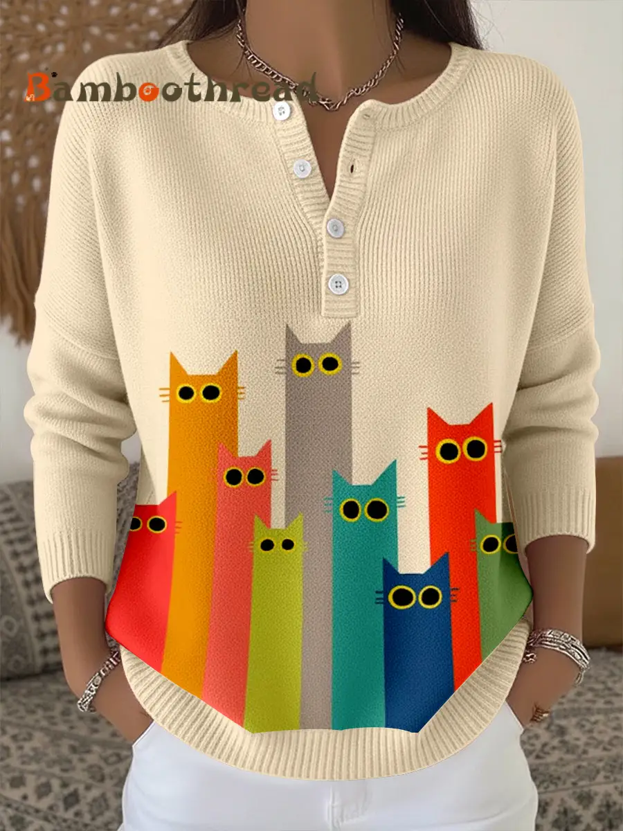 Women's Cute Cat Pattern Cozy Knit Top
