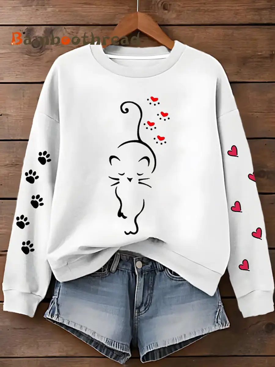 Women's Cute Cat Paw Hearts Print Cat Lovers Casual Sweatshirt - Image 2