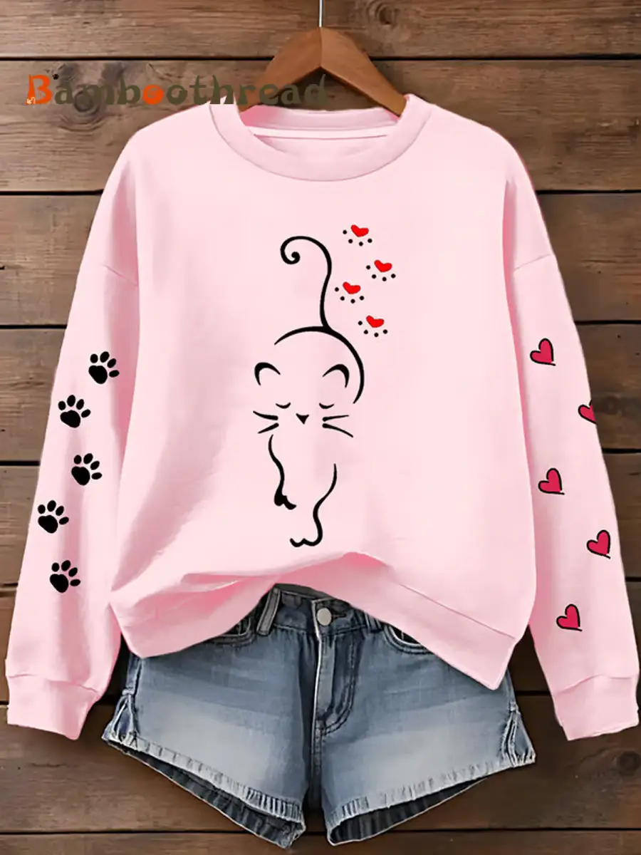 Women's Cute Cat Paw Hearts Print Cat Lovers Casual Sweatshirt - Image 3