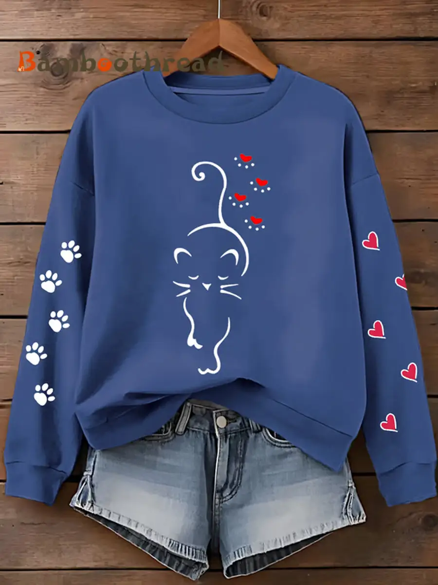 Women's Cute Cat Paw Hearts Print Cat Lovers Casual Sweatshirt - Image 4