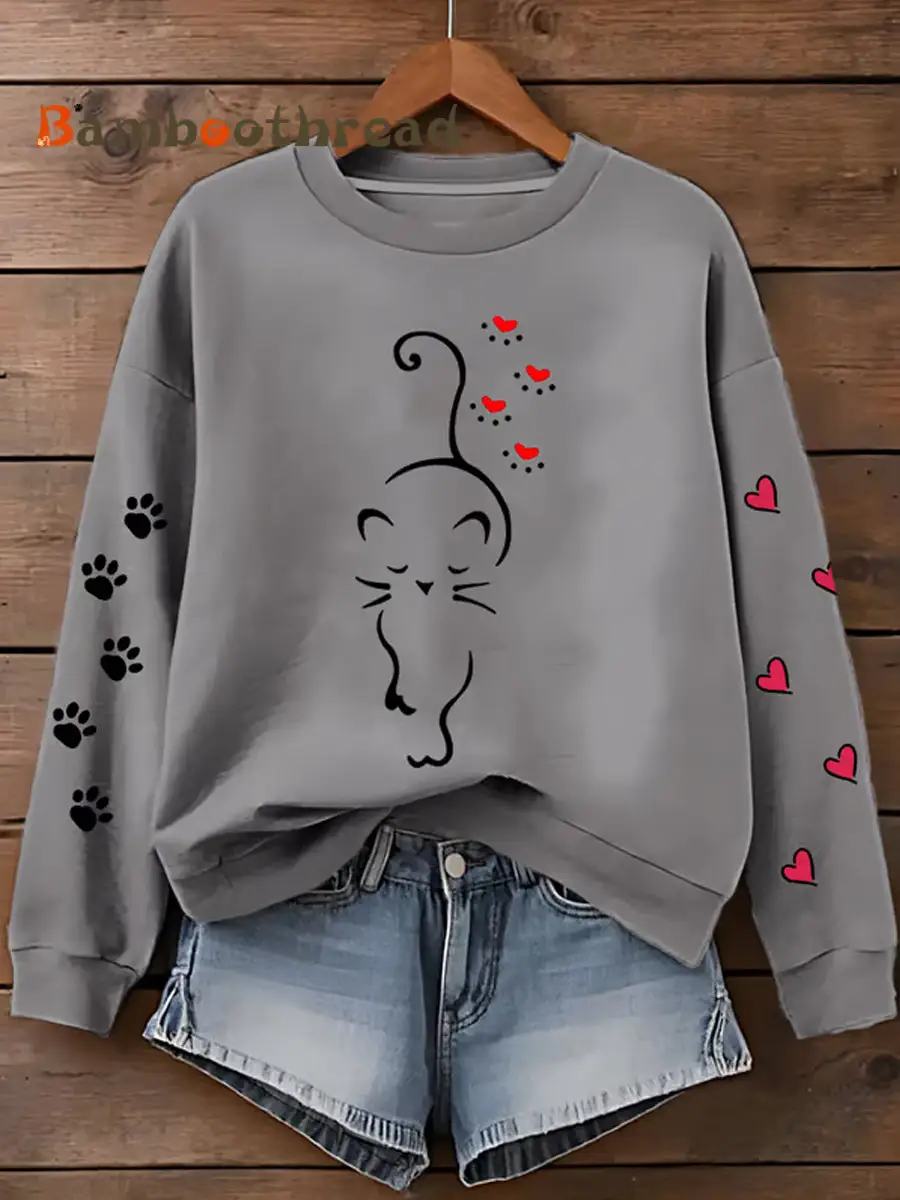 Women's Cute Cat Paw Hearts Print Cat Lovers Casual Sweatshirt - Image 5