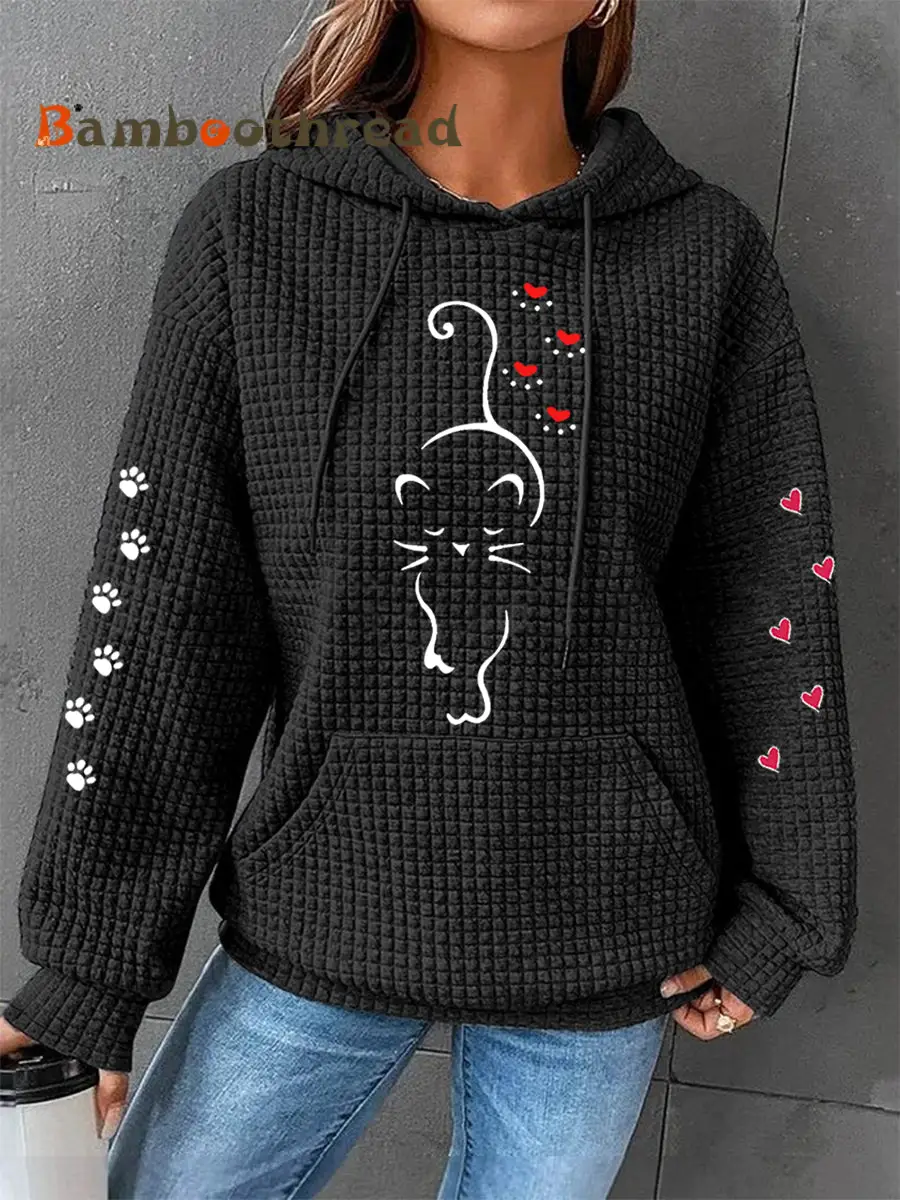 Women's Cute Cat Paw Hearts Print Cat Lovers Casual Waffle Hoodie