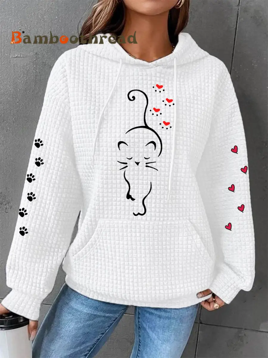 Women's Cute Cat Paw Hearts Print Cat Lovers Casual Waffle Hoodie - Image 2