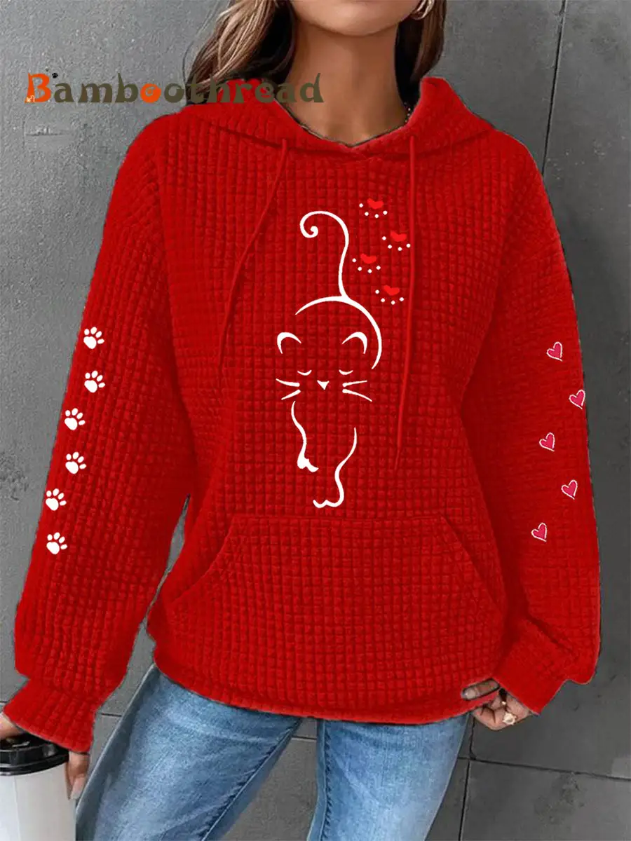 Women's Cute Cat Paw Hearts Print Cat Lovers Casual Waffle Hoodie - Image 4