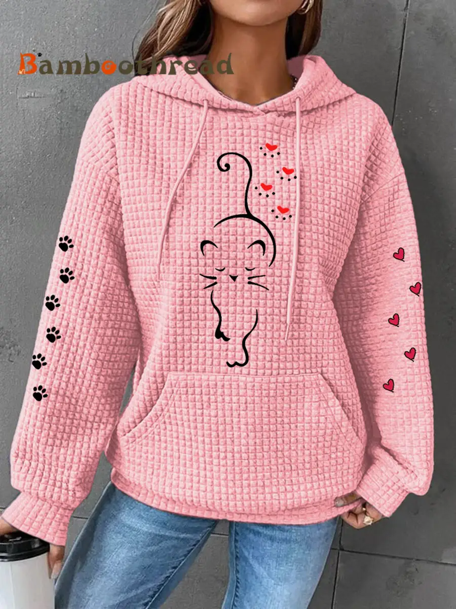 Women's Cute Cat Paw Hearts Print Cat Lovers Casual Waffle Hoodie - Image 5