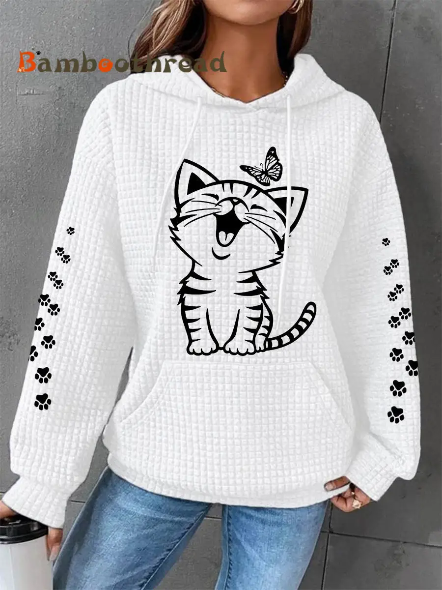 Women's Cute Cat Print Cat Lovers Cat Mom Casual Waffle Hoodie - Image 2