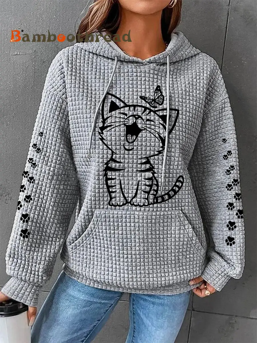 Women's Cute Cat Print Cat Lovers Cat Mom Casual Waffle Hoodie - Image 3