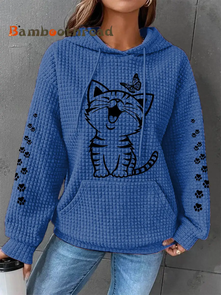 Women's Cute Cat Print Cat Lovers Cat Mom Casual Waffle Hoodie - Image 4