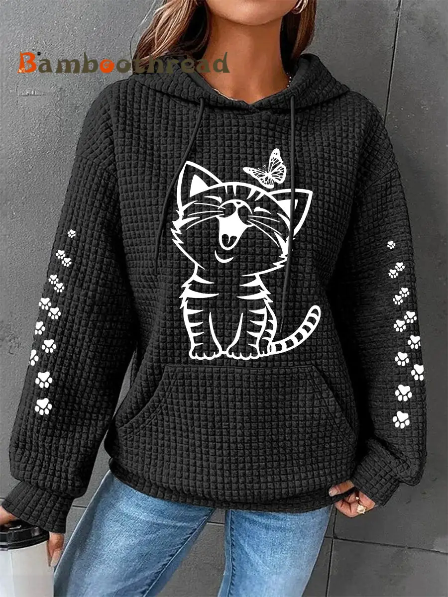 Women's Cute Cat Print Cat Lovers Cat Mom Casual Waffle Hoodie - Image 5
