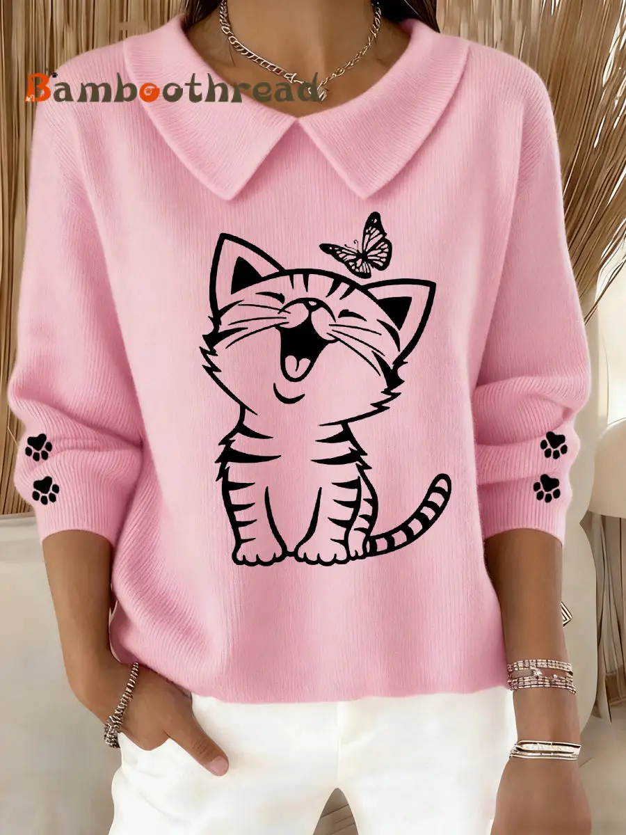 Women's Cute Cat Print Cat Lovers Cat Mom Gift Casual Baby Doll Collar Top