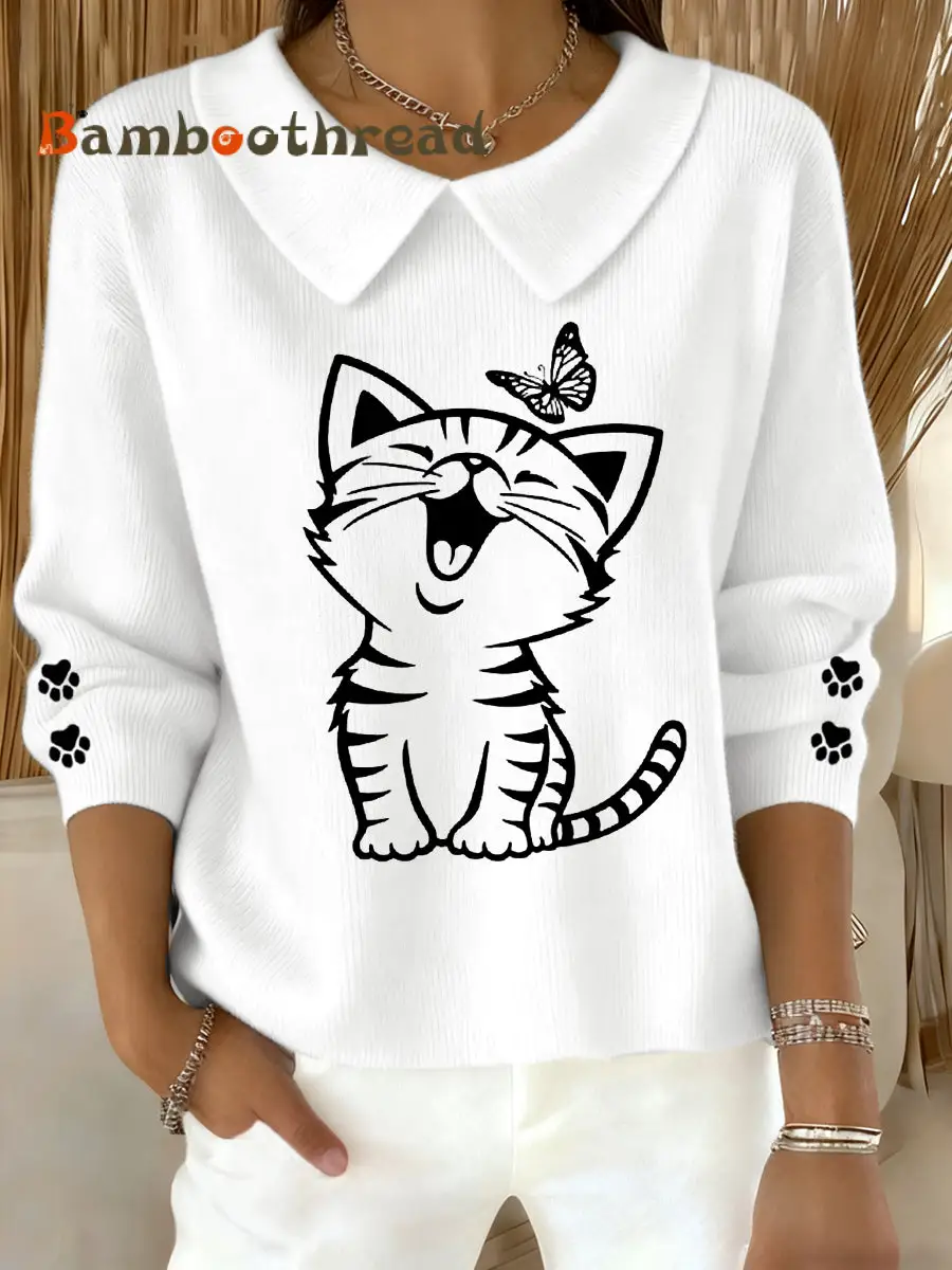Women's Cute Cat Print Cat Lovers Cat Mom Gift Casual Baby Doll Collar Top - Image 2