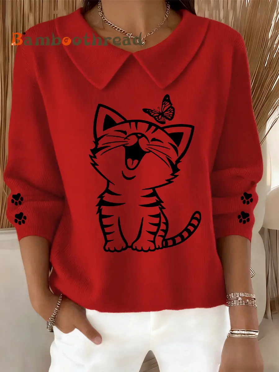 Women's Cute Cat Print Cat Lovers Cat Mom Gift Casual Baby Doll Collar Top - Image 3