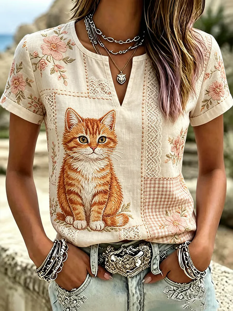 Women's Cute Cat Print Cotton-Linen Shirt