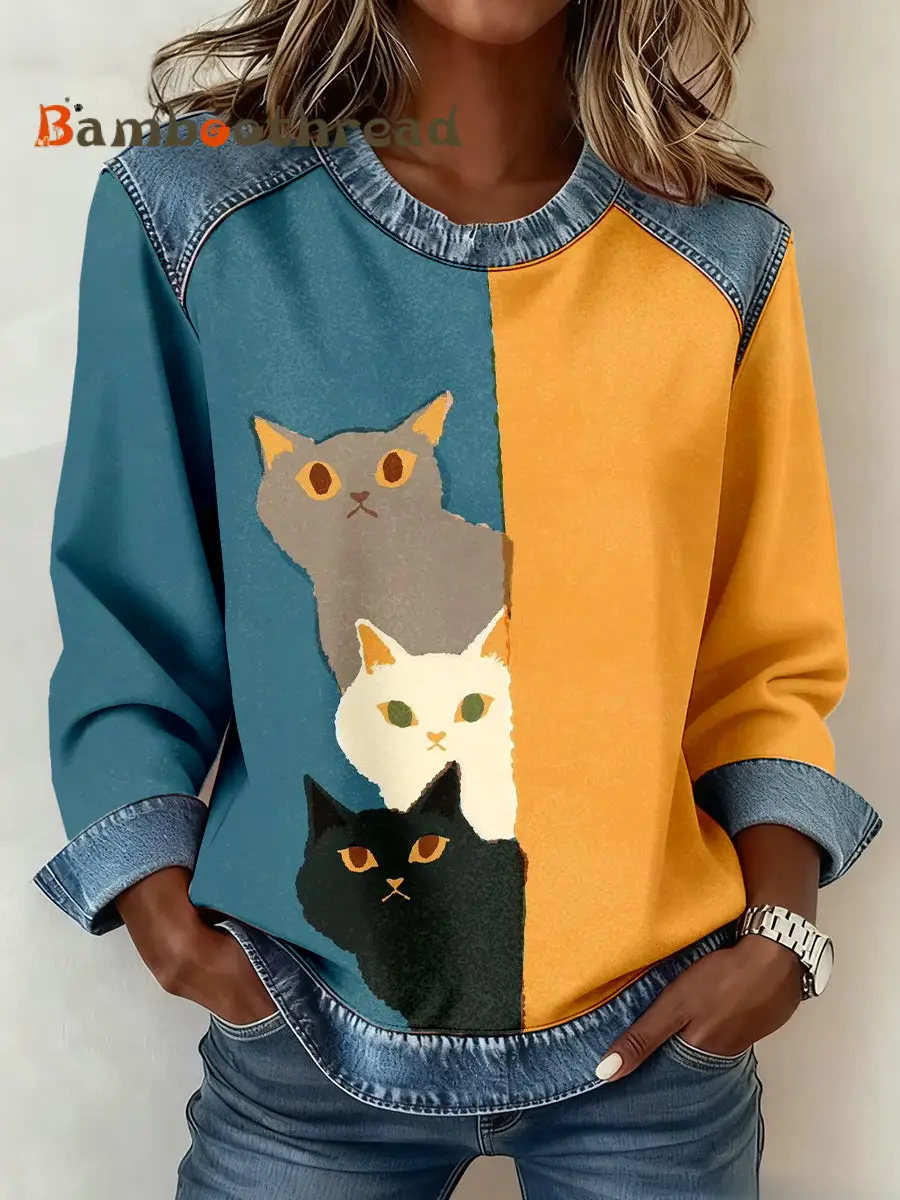 Women's Cute Cat Print Denim Patchwork Sweatshirt