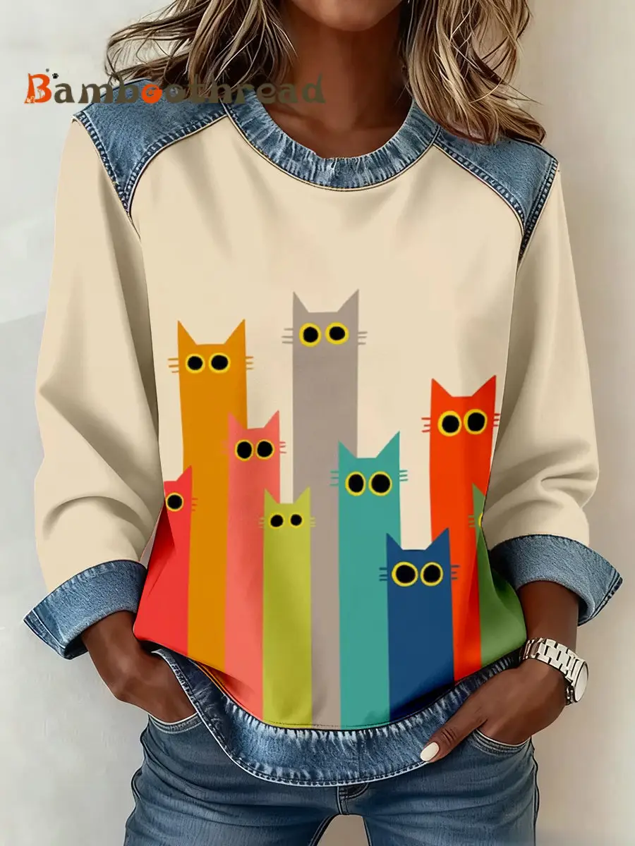 Women's Cute Cat Print Denim Patchwork Sweatshirt