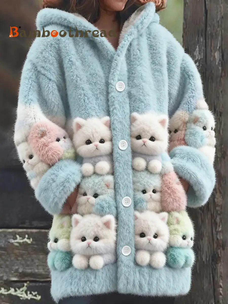 Women's Cute Cats Print Casual Mid-Length Plush Hooded Coat