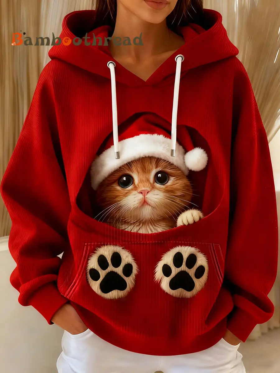 Women's Cute Christmas Cat Art Drawstring Hoodie