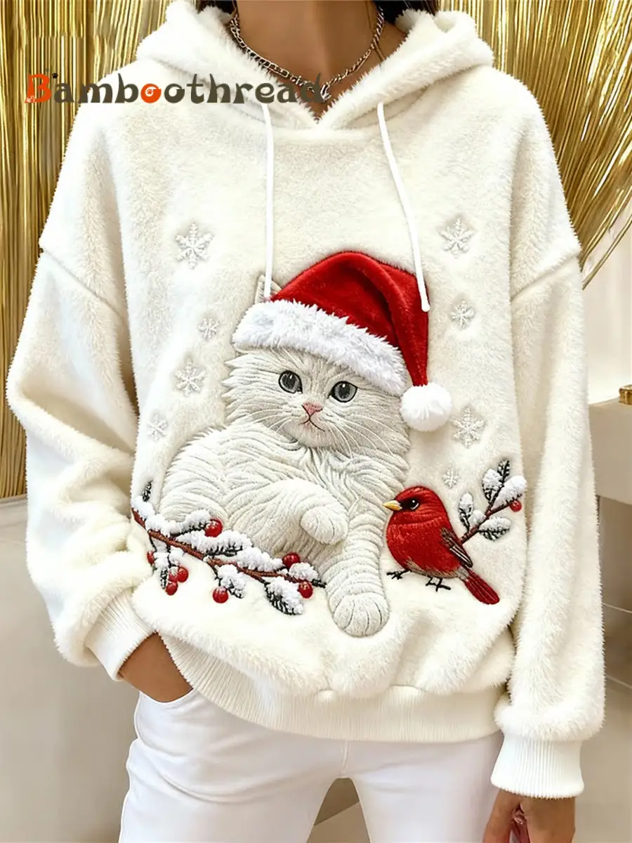 Women's Cute Christmas Cat Art Print Casual Flannel Hoodie