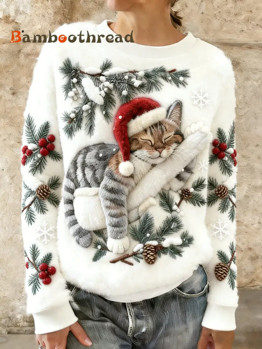 Women's Cute Christmas Cat Art Print Casual Flannel Hoodie