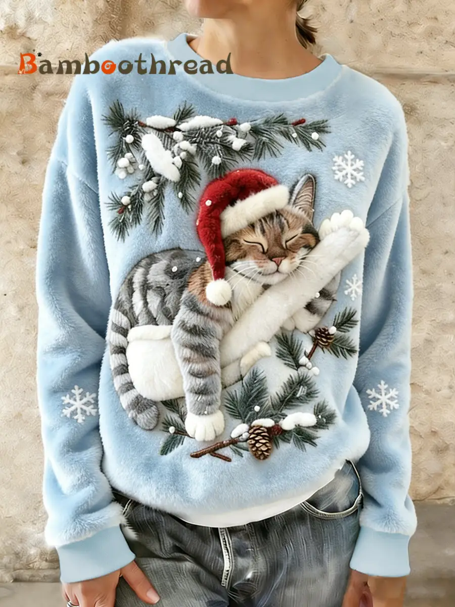 Women's Cute Christmas Cat Art Print Casual Flannel Hoodie - Image 5