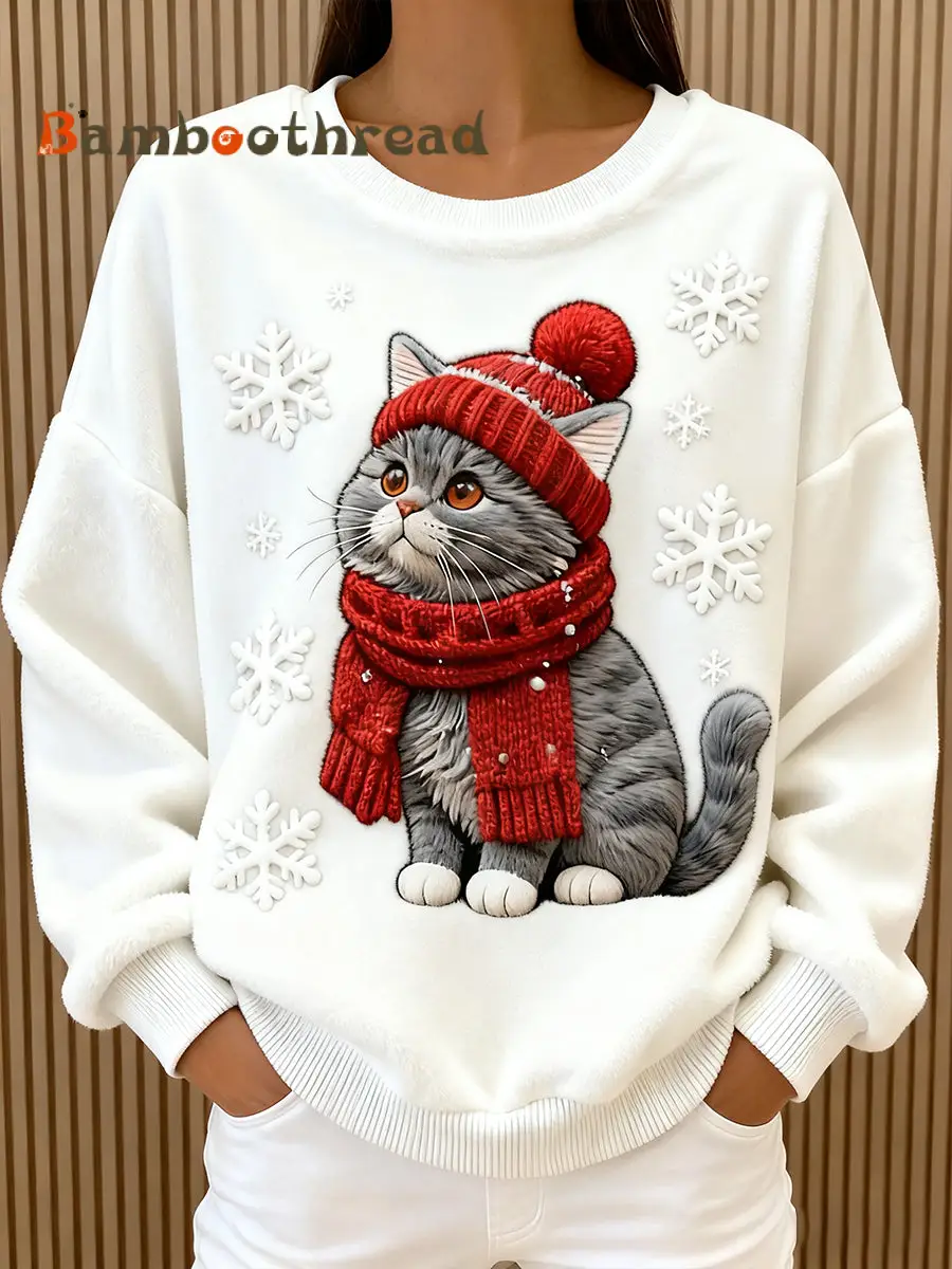 Women's Cute Christmas Cat Art Print Casual Flannel Hoodie - Image 2