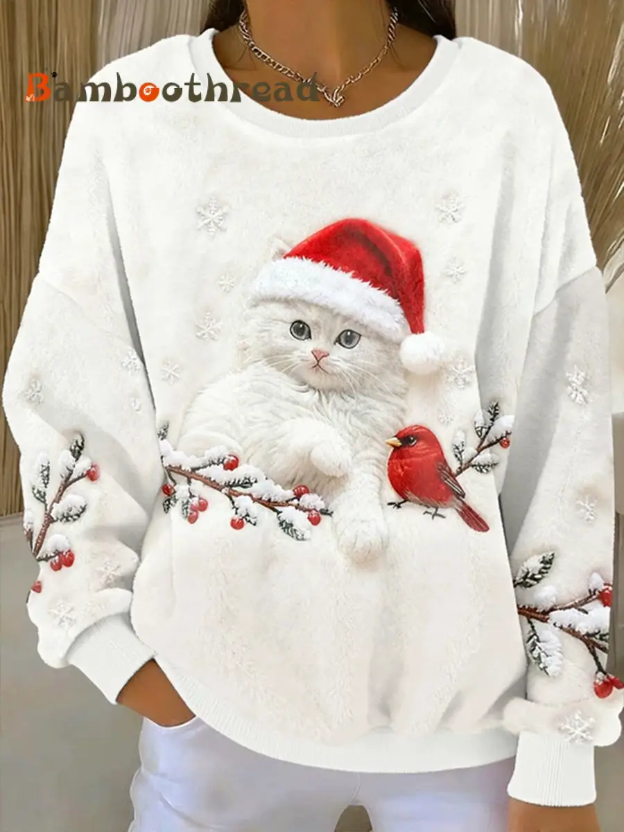 Women's Cute Christmas Cat Art Print Casual Flannel Hoodie
