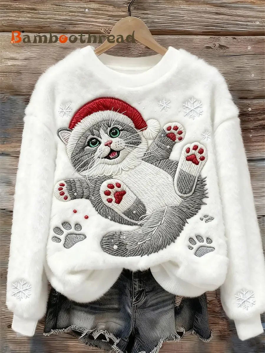Women's Cute Christmas Cat Art Print Casual Flannel Sweatshirt