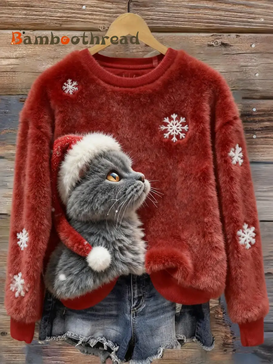 Women's Cute Christmas Cat Art Print Casual Flannel Sweatshirt
