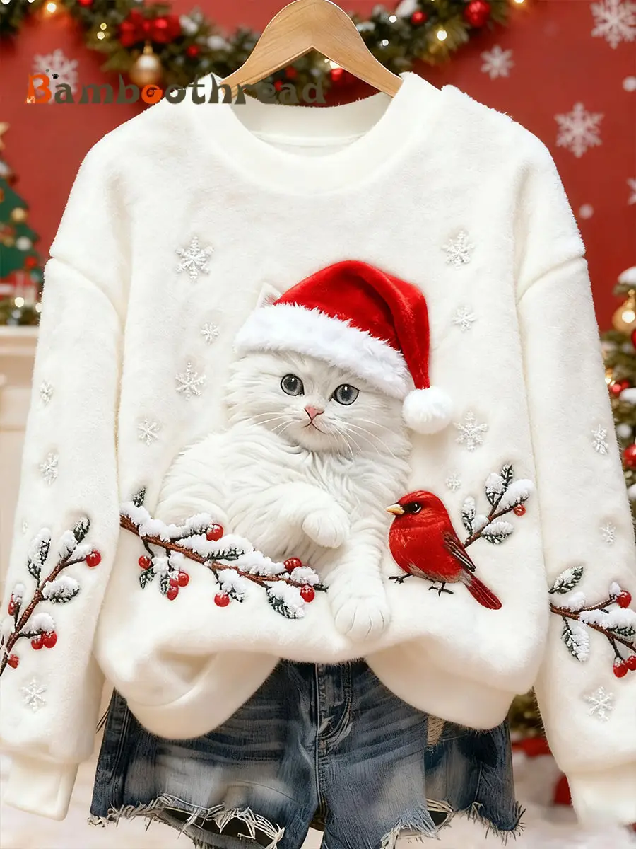 Women's Cute Christmas Cat Art Print Casual Flannel Sweatshirt