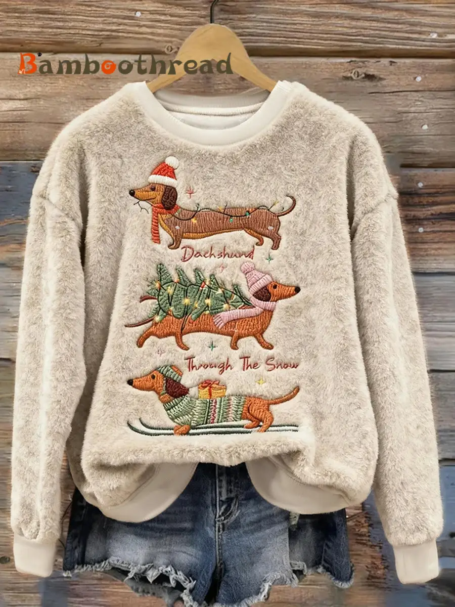 Women's Cute Christmas Dachshund Pattern Flannel Hoodie