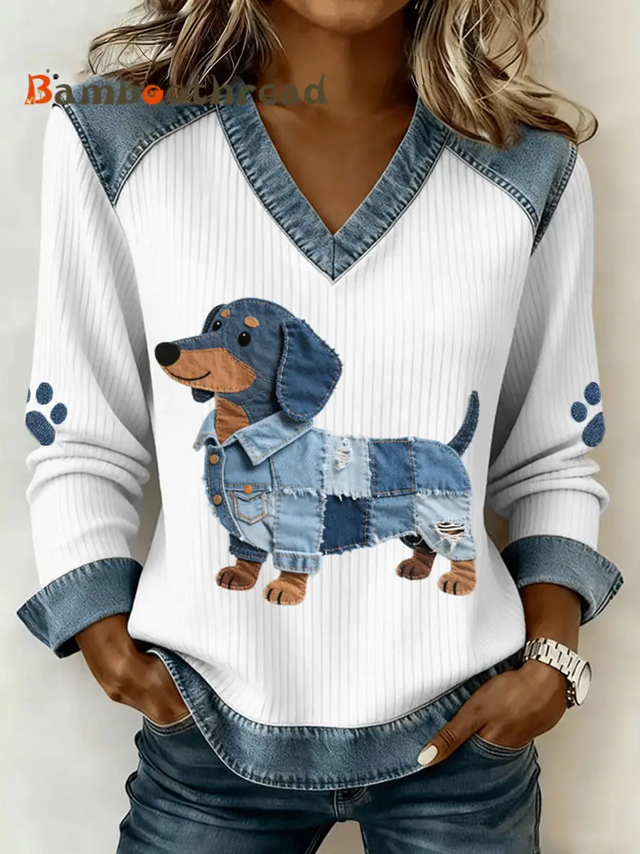 Women's Cute Dachshund Pattern Denim Patchwork Art V-Neck Top