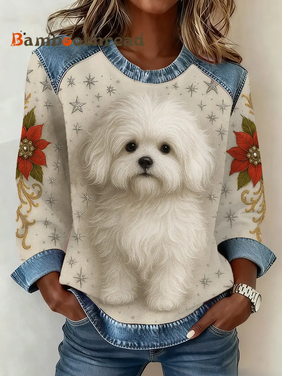 Women's Cute Dog Art Denim Patchwork Top