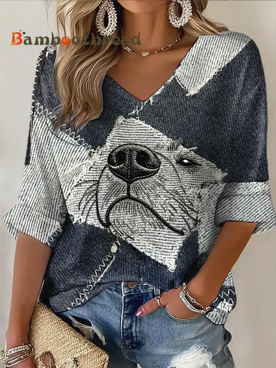 Women's Cute Dog Denim Patchwork Print Fashion V-Neck Long Sleeve