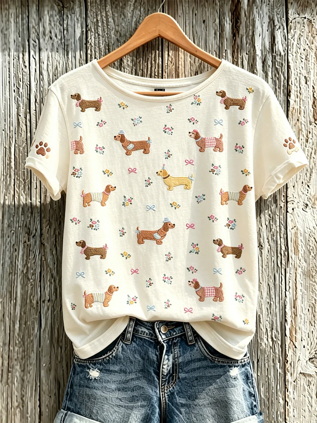 Women's cute dog pattern printed short-sleeved T-shirt