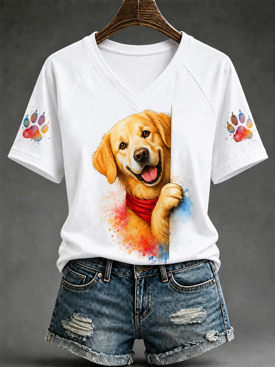 Women's Cute Dog Print Gift For Pet Lovers Casual V-Neck Tee