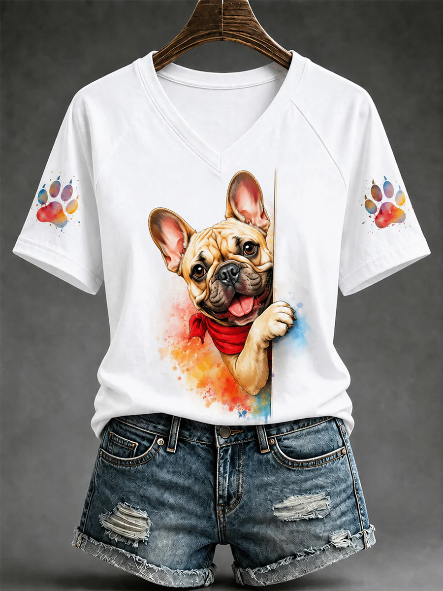 Women's Cute Dog Print Gift For Pet Lovers Casual V-Neck Tee