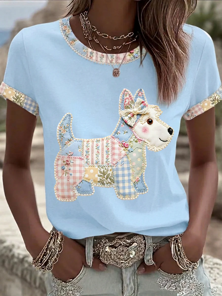 Women's Cute Floral Dog Print Casual Tee - Image 2