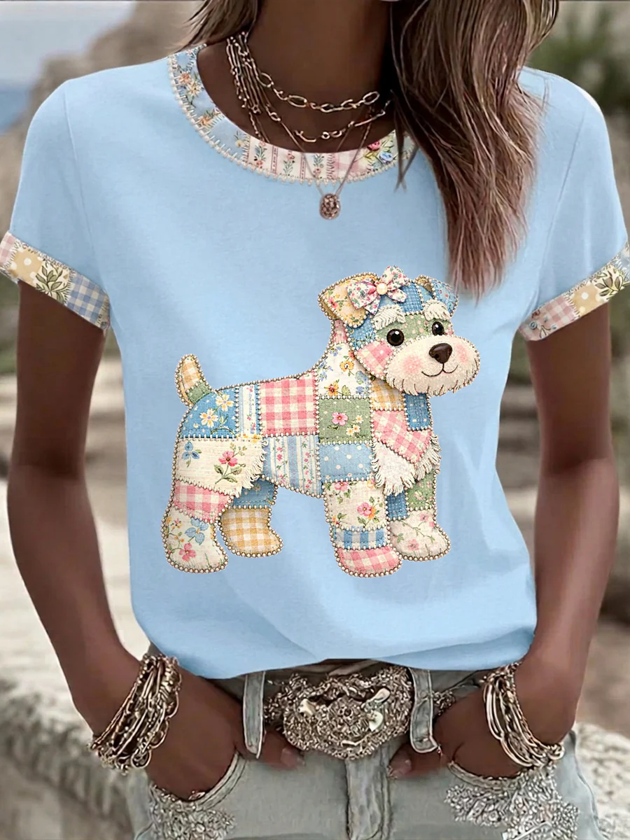Women's Cute Floral Dog Print Casual Tee - Image 2