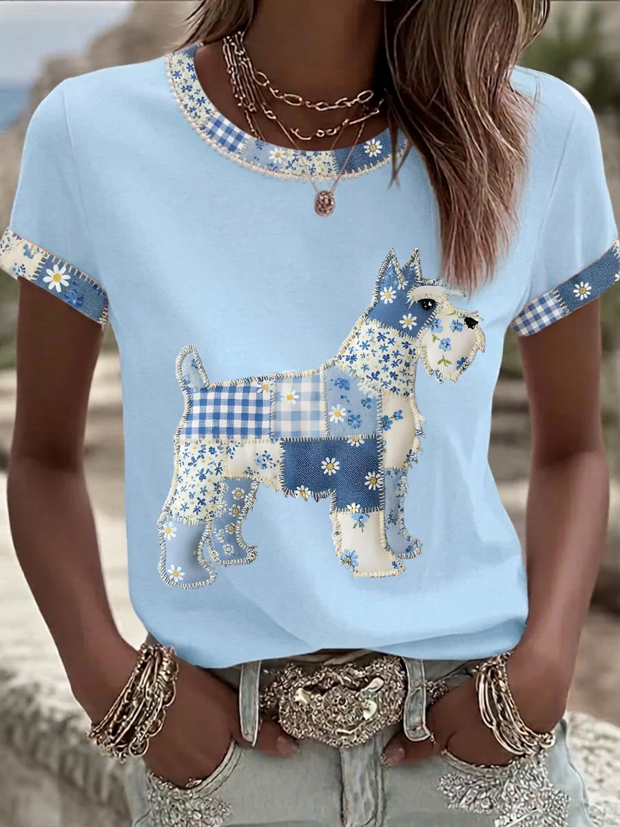 Women's Cute Floral Dog Print Casual Tee - Image 2