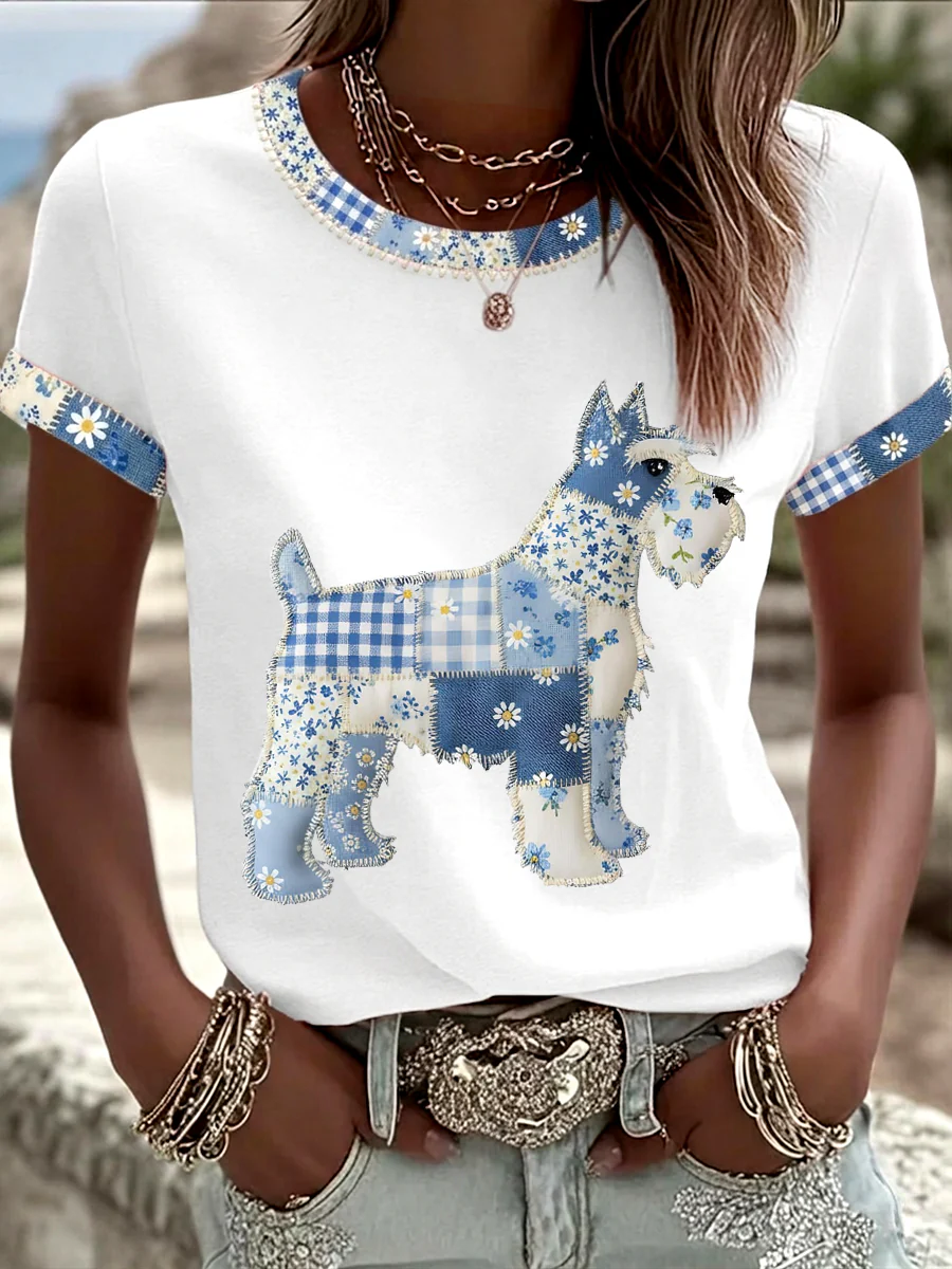 Women's Cute Floral Dog Print Casual Tee - Image 3