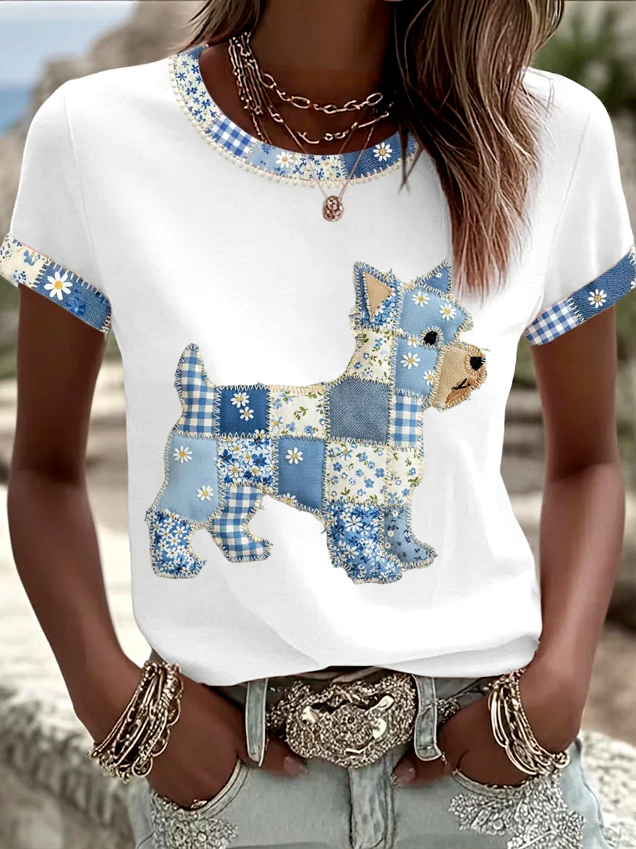 Women's Cute Floral Dog Print Casual Tee - Image 3